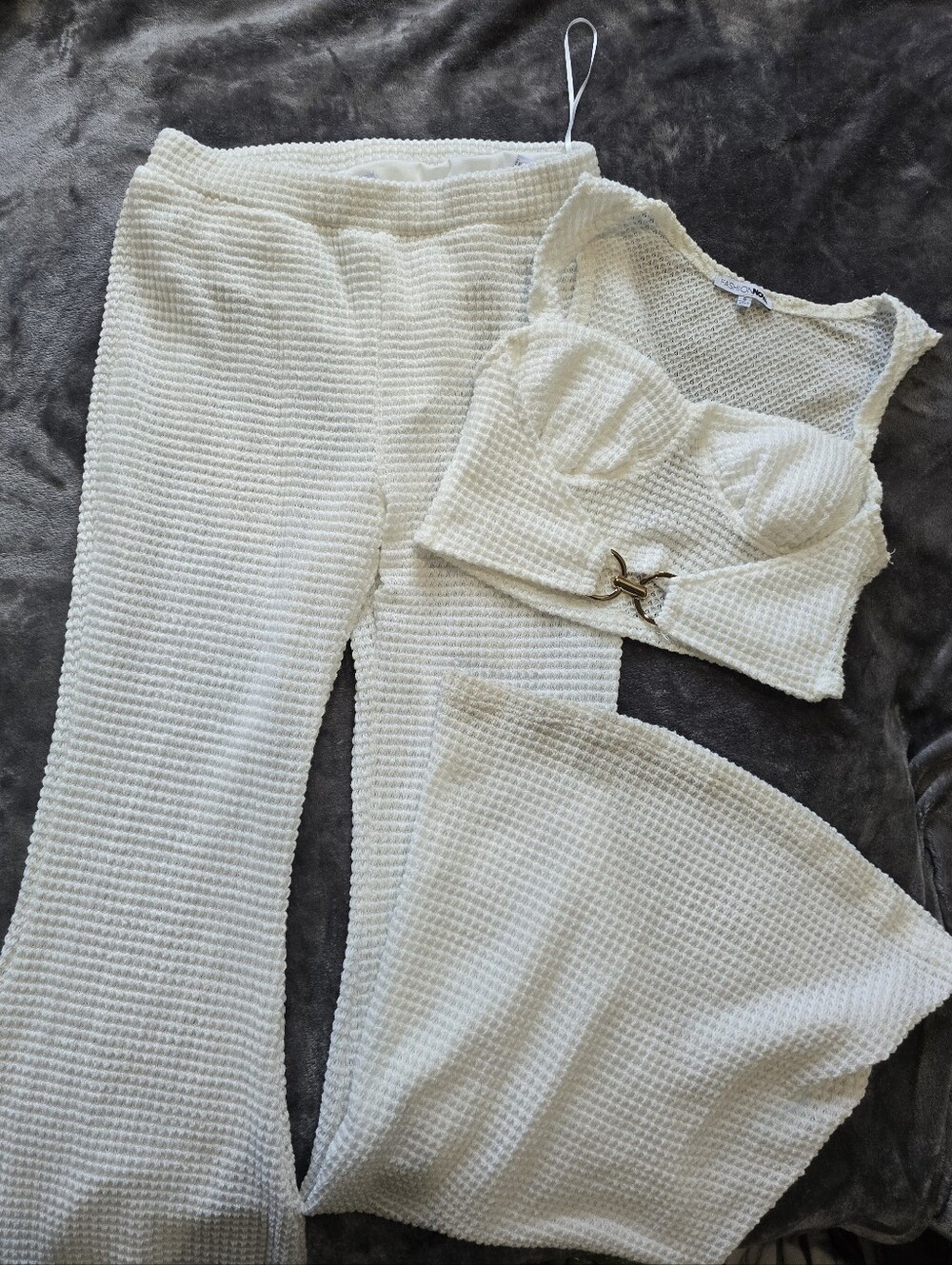 Fashion Nova Cream Waffle Knit Boot Cut Pants & Cropped Tank Set